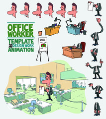 Male office worker template character with decoration and elements for design and animation. The character is angry, sad, happy, doubting.  Vector illustration to funny cartoon character.