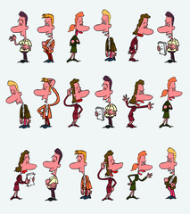 18 office workers characters in a different variations. The characters are angry, sad, happy, doubting.  Vector illustration to isolated and funny cartoons characters.