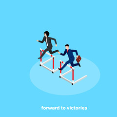 Fototapeta na wymiar man and woman in a business suit jumps over an obstacle, an isometric image