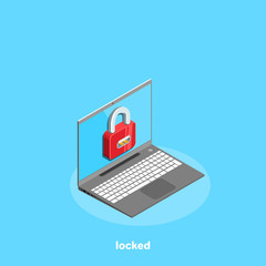 locked laptop on a blue background, isometric image