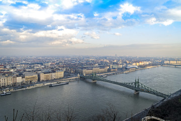 aerial view of budapest city in foggy day