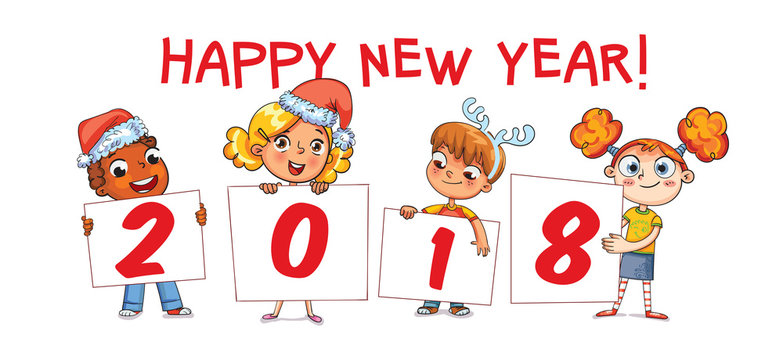 Holding poster New Year 2018. Funny cartoon character