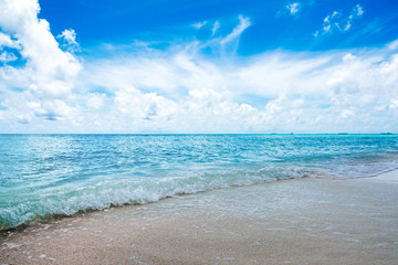 Beautiful landscape of clear turquoise Indian ocean, Maldives islands