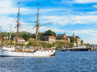 Fototapeta na wymiar View of the Oslo Harbour and Akershus Fortress.