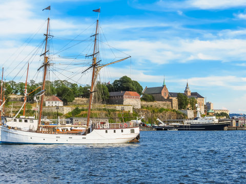 View of the Oslo Harbour and Akershus Fortress.