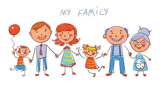 Big happy family. In the style of children's drawings