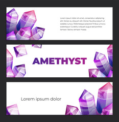 Ultraviolet amethyst gemstones design template. Vector horizontal banner of ultra violet gems on white isolated background. Boho magic crystals in trendy purple color of the year.