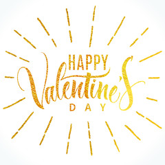 Happy Valentine Day Lettering with gold texture. Handwritten modern calligraphy, brush painted letters. Vector illustration. Template for banners, posters, greeting cards or photo overlays.