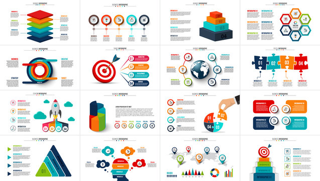 Vector startup infographics, diagram chart, graph and presentation. Business report with 4, 5, 6 and 7 options, parts, steps processes. Puzzle, circles, target, pyramid, map and timeline.