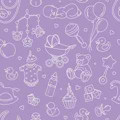 Newborn baby shower seamless pattern for textile, print, greeting cards, wrapping paper, wallpaper. For boy or girl birthday celebration party. Vector illustration design line scetch stile