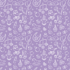 Newborn baby shower seamless pattern for textile, print, greeting cards, wrapping paper, wallpaper. For boy or girl birthday celebration party. Vector illustration design line scetch stile