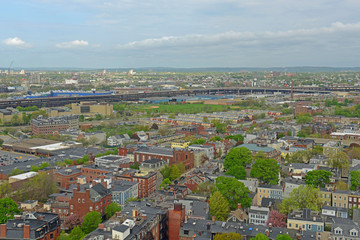 Boston Charlestown Houses aerial view, from the top of Bunker Hill Monument, Boston, Massachusetts, USA.