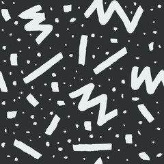 Hand drawn vector seamless pattern in memphis style with stripes, zigzag and blobs on dark grey background