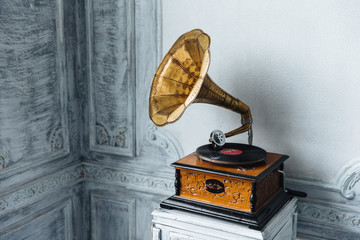 Music device. Old gramophone with plate or vinyl disk on wooden box. Antique brass record player. Gramophone with horn speaker. Retro entertainment concept. - obrazy, fototapety, plakaty