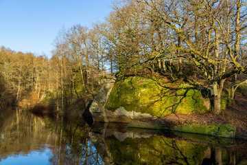 Large moss covered granite boulder at the side of a river or lake. Nesting box for goldeneye hang in the oak tree to the right. The river Braknean in southern Sweden.