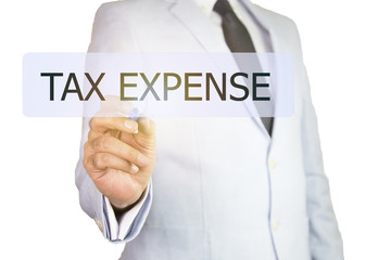 Businessman hand touching TAX EXPENSE button on virtual screen