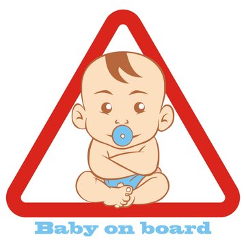 Baby boy at red triangle frame, baby on board, car sticker, vector icon
