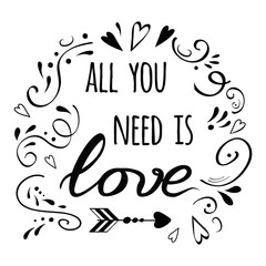 Valentines day greeting card with positive phrase decorated abstract hand drawn romantic ornament. Logo, sign, print