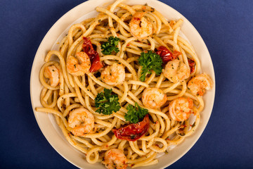 Italian Style Meal of King Prawn Bucatini