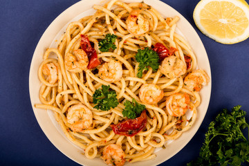 Italian Style Meal of King Prawn Bucatini