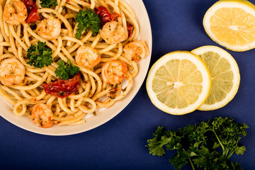 Italian Style Meal of King Prawn Bucatini