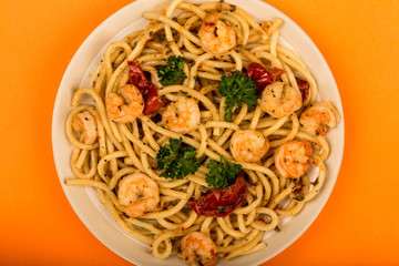 Italian Style Meal of King Prawn Bucatini