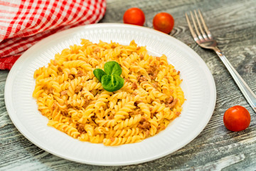 Traditional Italian pasta or fussili with mince