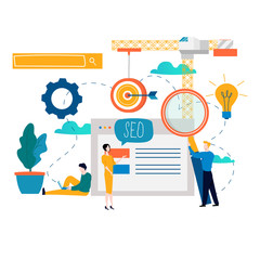 SEO, search engine optimization, keyword research, market research flat vector illustration. SEO concept. Web site coding, internet search optimization design for mobile and web graphics