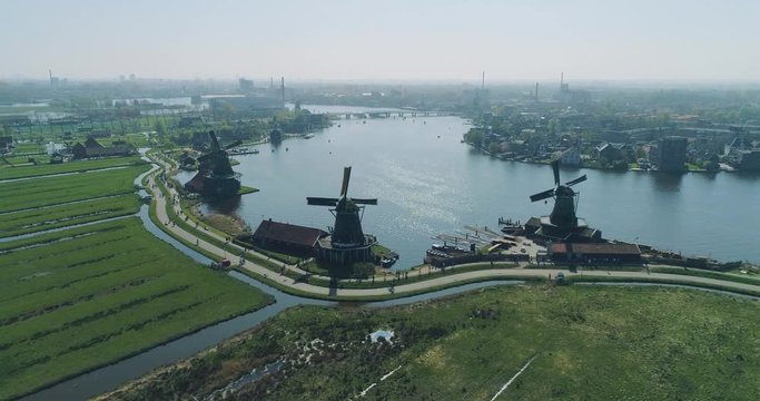 Zaandam Zaanse Schans, Aerial view of the windmills one of the most popular tourist attractions in Netherlands, Holland, Europe
