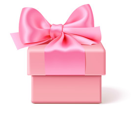 Realistic beautiful gift box with pink bow isolated on white. Vector holiday decoration
