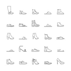 Fototapeta na wymiar Shoes outline Icons isolated on white background. Vector illustration with boots, sneakers and slippers in line style. Modern fashion objects.