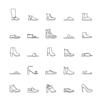 Shoes outline Icons isolated on white background. Vector illustration with boots, sneakers and slippers in line style. Modern fashion objects.