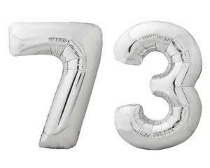 Silver number 73 seventy three made of inflatable balloon isolated on white