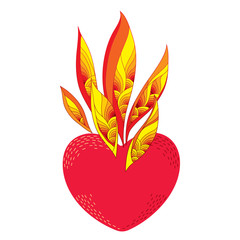 Vector red heart with ornate orange flame isolated on white background. Traditional romantic symbol for Valentine day in contour style for holiday design.