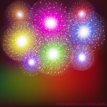 Brightly Colorful Fireworks. Colorful vector illustration .