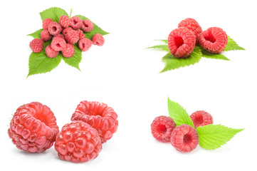 Set of ripe red raspberries close-up isolated on white background