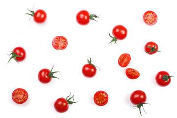 Cherry small tomatoes isolated on white background. Set or collection. Top view. Flat lay