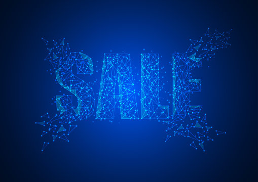 Sale. Funnel low poly wireframe isolated black on blue background. Abstract mash line and point origami. Vector illustration. Big datta or sales funnel concept with geometry triangle.