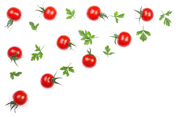 Cherry small tomatoes with parsley leaves isolated on white background with copy space for your text. Top view. Flat lay