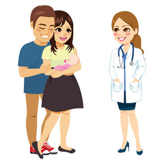 Fototapeta premium Young new parents holding baby talking with doctor woman