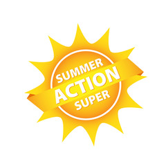 Bright sun button (tag) with summer supper action on white, stock vector illustration
