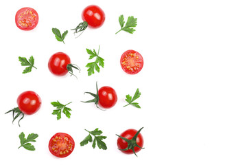 Cherry small tomatoes with parsley leaves isolated on white background with copy space for your text. Top view. Flat lay