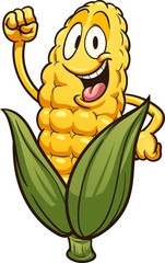Happy cartoon corn. Vector clip art illustration with simple gradients. Leaves and corn on separate layers.