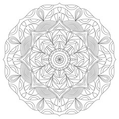 Flower circular mandala for adults. Coloring book page design. Anti stress black and white vintage decorative element. Monochrome oriental ethnic pattern. Hand drawn isolated vector illustration.