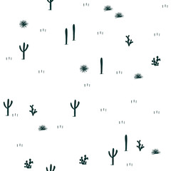 Hand drawn seamless pattern. Little saguaro, agaves, and opuntia cactuses on white background. .Cute design for textile, wallpapers, kids industry. Vector
