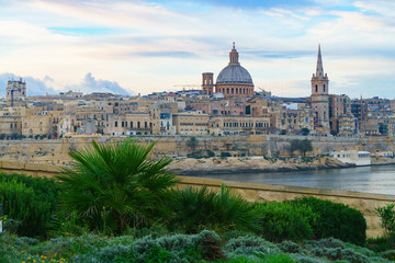 Fototapeta na wymiar Valletta morning skyline with Basilica of Our Lady of Mount Carmel as seen from Sliema, Malta. Green plants landscape design garden foreground. Horizontal summer background or wallpaper.