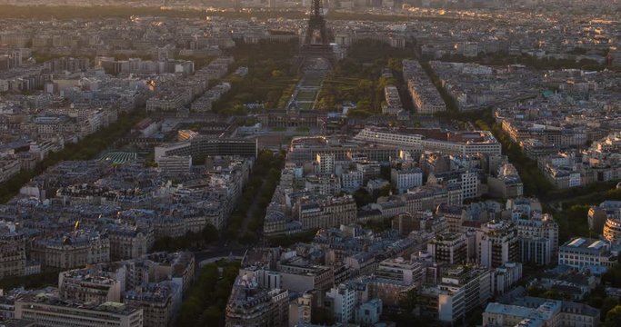 PARIS, FRANCE  – SEPTEMBER 2016 : Timelapse over central Paris during a beautiful sunset  with Eiffel Tower and skyline in view