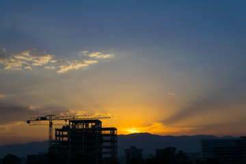 Construction of building between trees Guatemala City, silhouette at sunset.