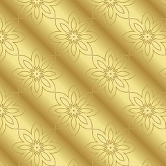Gold metallic regular pattern.  Metal foil with pattern. Glossy metal surface. Shiny metal. Gold metallic regular pattern. Shiny metallic sufrase wihr flowers.