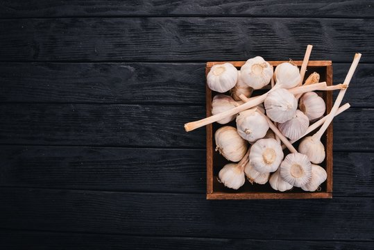 Garlic in a wooden basket. Fresh garlic on a wooden background. Top view. Free space for text.
